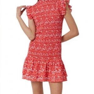 French Connection Red Floral (Hibiscus is the name) Smocked Ruffle-Hem Dress